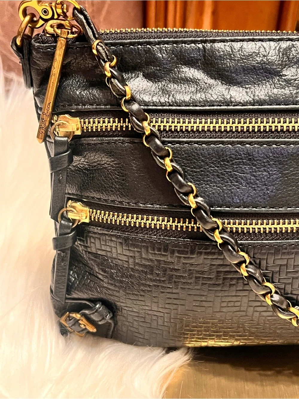Elliott Lucca  Messina 3-Zip Leather Black Leather  with Gold-Tone crossbody bag